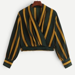 Lantern Sleeve Contrast Striped Wrap Top